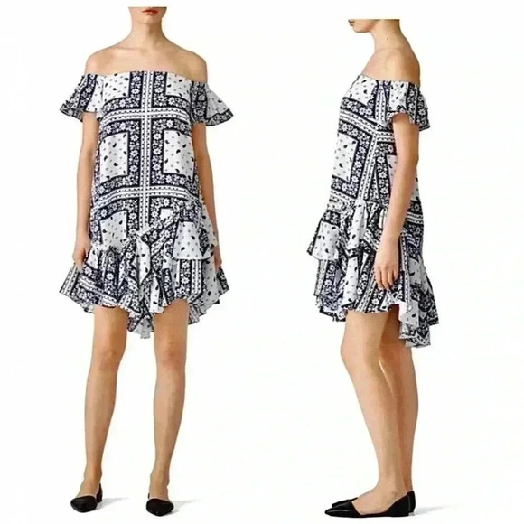 Cinq A Sept Minella Off-the-shoulder Dress Sz 6 Paisley Bandana Blue Flutter NEW - Picture 2 of 11